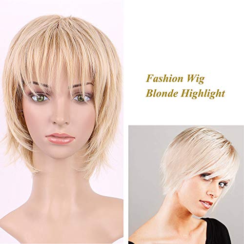 Pelucas Cortas Mujer con Flequillo Pelo Natural liso Fibras Sintéticas Kanekalon Resistente al Calor para Cosplay Disfraz Fiesta (11cm,80g,Rubio con Mechas Castaño)
