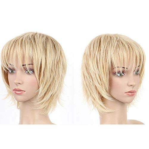 Pelucas Cortas Mujer con Flequillo Pelo Natural liso Fibras Sintéticas Kanekalon Resistente al Calor para Cosplay Disfraz Fiesta (11cm,80g,Rubio con Mechas Castaño)