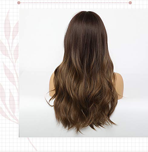 Pelucas de Larga-onda con Flecos,Pelucas Sintéticas para Mujer Chica, Pelo de Cosplay Resistente al Calor,Pelucas de Fiesta de Marrón Oscuro,Forma Natural para Uso Diario,26''