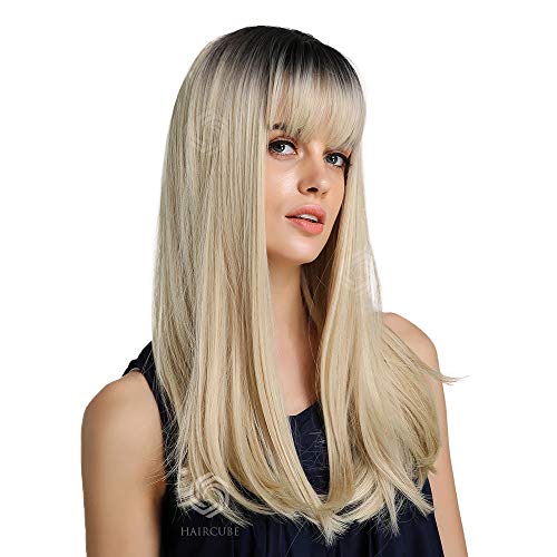 Pelucas de pelo sintético de 20 pulgadas con raíces negras y rubio, de la marca HAIRCUBE
