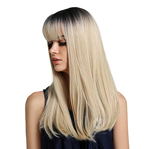 Pelucas de pelo sintético de 20 pulgadas con raíces negras y rubio, de la marca HAIRCUBE