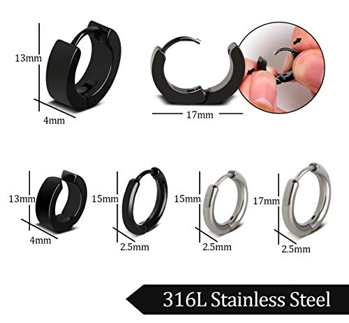 Pendientes de Aros de Acero Inoxidable 7 pares Negro para Hombres y Mujeres Zarcillos con piercing de redondo Moda Joyería Pendientes