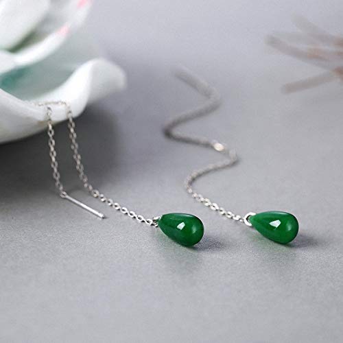 Pendientes Lotus Fun S925 de plata de ley con piedras de jade retro, gotas de agua, pendientes largos, joyería de moda para mujeres y niñas