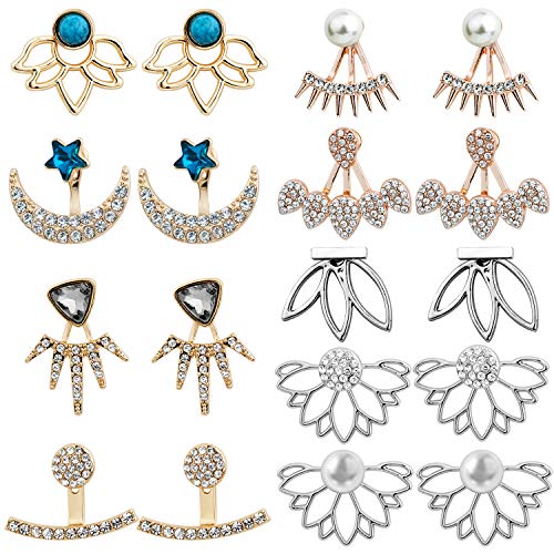 Pendientes Mujer, Comius 9 Pares Flor de Loto Hueco Pendientes Chaquetas para Mujeres Niñas Zirconia Cúbica Sencillo Elegante Pendientes Piercing de Oreja
