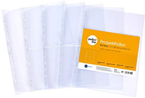 perfect line 100 fundas para guardar transparentes A4, divididas en 2 partes (A5-transversal), lámina transparente con inserción por alto