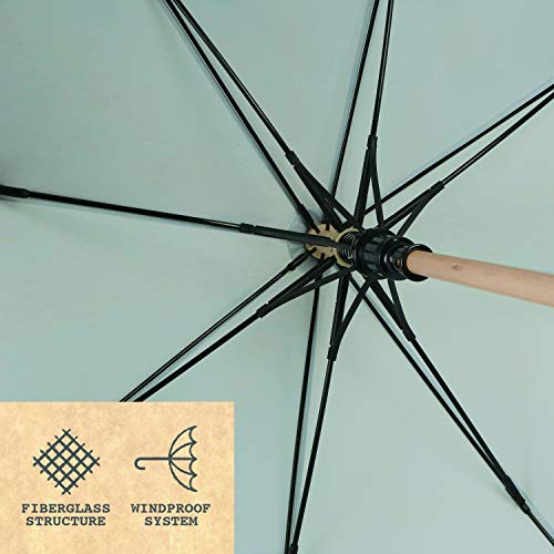 PERLETTI Green Paraguas Largo Clásico para Mujer Sostenible Automático - Mango de Madera Natural Biodegradable - Paraguas Antiviento Resistente Grande Ecológico Antivuelco (Azul con Hojas)