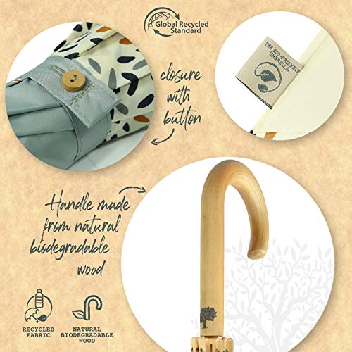 PERLETTI Green Paraguas Largo Clásico para Mujer Sostenible Automático - Mango de Madera Natural Biodegradable - Paraguas Antiviento Resistente Grande Ecológico Antivuelco (Azul con Hojas)