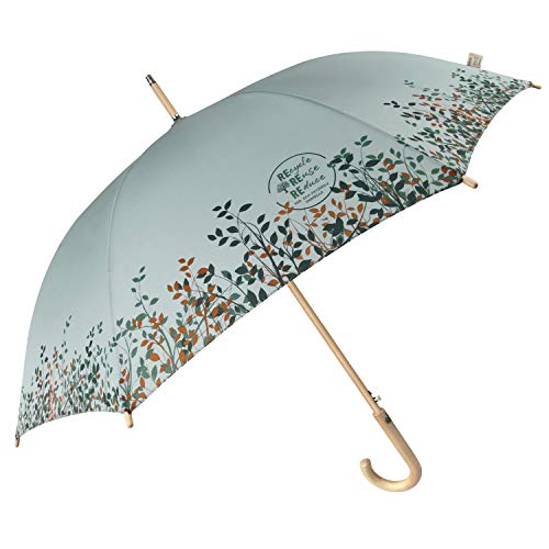 PERLETTI Green Paraguas Largo Clásico para Mujer Sostenible Automático - Mango de Madera Natural Biodegradable - Paraguas Antiviento Resistente Grande Ecológico Antivuelco (Azul con Hojas)