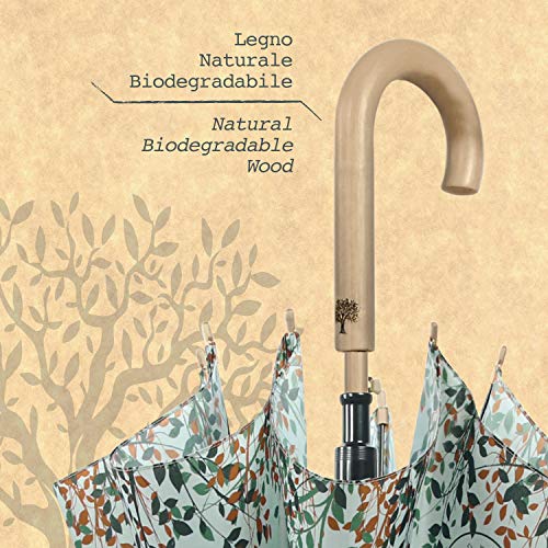 PERLETTI Green Paraguas Largo Clásico para Mujer Sostenible Automático - Mango de Madera Natural Biodegradable - Paraguas Antiviento Resistente Grande Ecológico Antivuelco (Azul con Hojas)