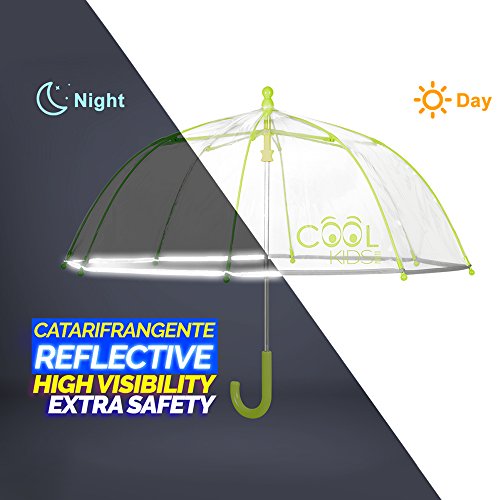 PERLETTI Paraguas Transparente Niño Niña Amarillo - Paraguas de Burbuja y Ribete Reflectante - Resistente Antiviento con Apertura Manual de Seguridad - 3/6 Años - Diámetro 64 cm Cool Kids - Verde
