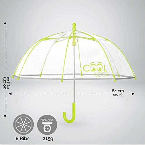 PERLETTI Paraguas Transparente Niño Niña Amarillo - Paraguas de Burbuja y Ribete Reflectante - Resistente Antiviento con Apertura Manual de Seguridad - 3/6 Años - Diámetro 64 cm Cool Kids - Verde