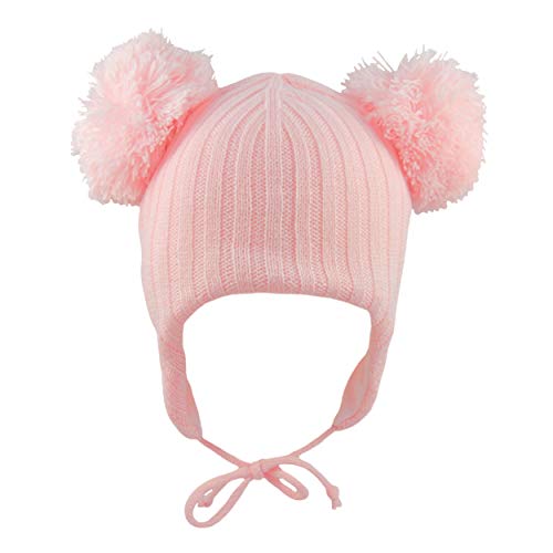 PESCI BABY Gorro Bebe con Pompón Invierno Caliente de Punto Niño Niña Sombrero Orejeras y Corbatas para la Barbilla 2,2 TOG Térmico 0-18 Meses, Rosa 0-3 Meses