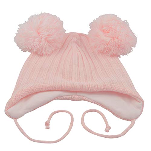 PESCI BABY Gorro Bebe con Pompón Invierno Caliente de Punto Niño Niña Sombrero Orejeras y Corbatas para la Barbilla 2,2 TOG Térmico 0-18 Meses, Rosa 0-3 Meses