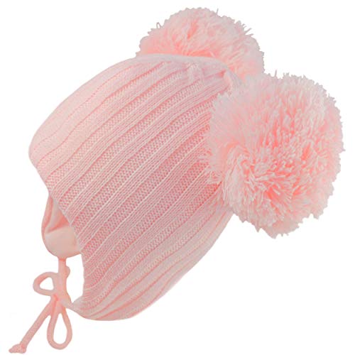 PESCI BABY Gorro Bebe con Pompón Invierno Caliente de Punto Niño Niña Sombrero Orejeras y Corbatas para la Barbilla 2,2 TOG Térmico 0-18 Meses, Rosa 0-3 Meses