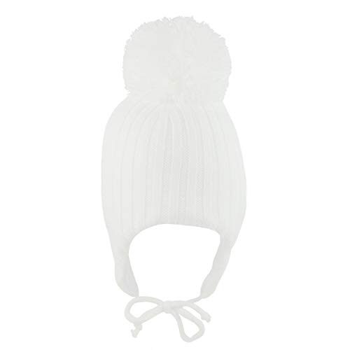 Pesci Baby Gorro Bebe Pompón Invierno Caliente de Punto Niño Niña Sombrero Orejeras y Corbatas para la Barbilla 2,2 TOG Térmico 0-18 Meses, Blanco 3-6 Meses