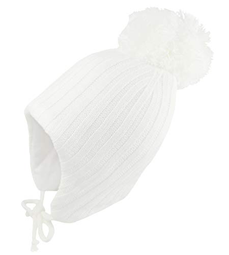 Pesci Baby Gorro Bebe Pompón Invierno Caliente de Punto Niño Niña Sombrero Orejeras y Corbatas para la Barbilla 2,2 TOG Térmico 0-18 Meses, Blanco 3-6 Meses