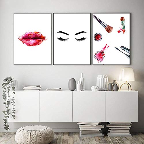 Pestañas Modernas Labios Rojos Carteles de Moda Maquillaje Lienzo Pintura Arte de la Pared Cartel nórdico Imágenes de Pared para salón de Belleza Decoración 40x60cmX3 Sin Marco