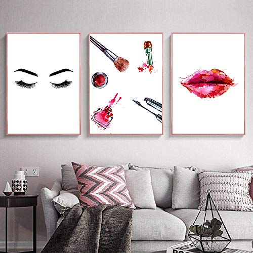 Pestañas Modernas Labios Rojos Carteles de Moda Maquillaje Lienzo Pintura Arte de la Pared Cartel nórdico Imágenes de Pared para salón de Belleza Decoración 40x60cmX3 Sin Marco