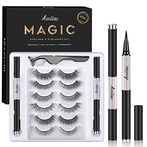 Pestañas No Magneticas Delineador,3D Pestañas Postizas Reutilizables Kit de pestañas postizas de 6 Pares con 2 delineadores de Ojos No magnético Sin Pegamento Pestañas postizas con Pinzas