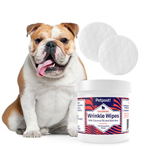 Petpost | Toallitas Limpiadoras de Arrugas Bulldog para Perros - Limpian y Alivian Arrugas y Pliegues de Pugs - 100 Almohadillas de Algodón Ultra Suave Humedecidas en Solución de Aceite de Coco