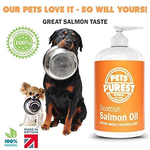 Pets Purest Aceite de salmón escocés puro Premium 100% Natural. Suplemento Omega 3, 6 y 9 para perros, gatos, caballos, hurones y mascotas. Promueve la salud del piel, las articulaciones y el cerebro