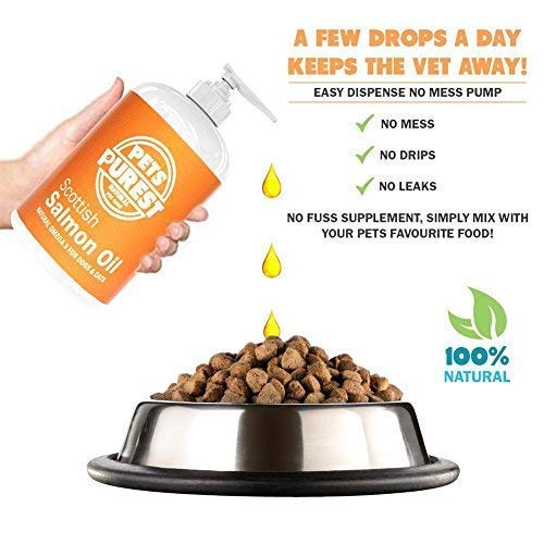 Pets Purest Aceite de salmón escocés puro Premium 100% Natural. Suplemento Omega 3, 6 y 9 para perros, gatos, caballos, hurones y mascotas. Promueve la salud del piel, las articulaciones y el cerebro