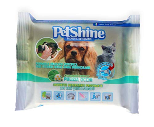 PETSHINE Eyes 15 toallitas desinfectantes Ojos limpios para Perros Gatos Mascotas 20X20cm toallitas de Limpieza con manzanilla, toallitas húmedas, Limpieza de Ojos sin Alcohol ni parabenos