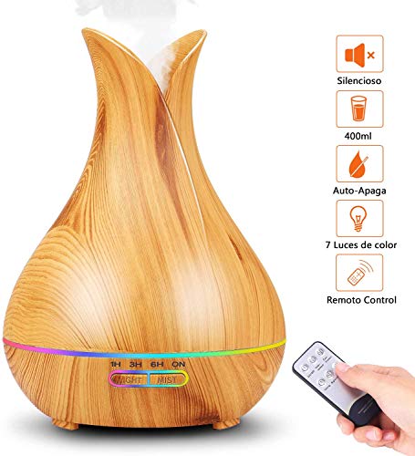 PEYOU 400ml Humidificador Aceites Esenciales, Difusor de Aromas con Control Remoto, Difusor de Aromaterapia Ultrasónico, 7-Color LED, 3-Ajuste de Tiempo Fijo, para Hogar, Oficina, Yoga