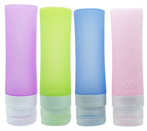 PhantomSky 4 Paquete de Botellas de Silicona de Viaje Conjunto, Anti-Fugas Rellenable Compresible Silicona Botellas de Viaje para Champú, Crema de Baño, Loción, Libre de BPA, FDA Aprobado (80 ml)