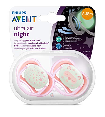 Philips Avent SCF376/22 - Pack de 2 chupetes Ultra Air Nocturno que brilla en la oscuridad, tetina suave para 6-18 m, apta para la piel sensible, con estuche de esterilización, color rosa y verde