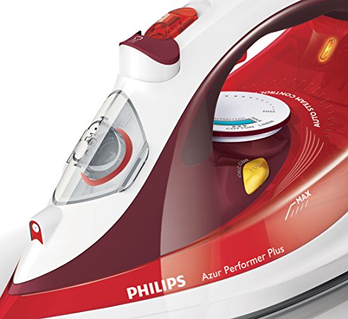 Philips Azur Performer Plus GC4516/40 - Plancha de vapor, 2400W, golpe de vapor 190g, vapor de 45g/min, 0.3 litros, Suela StreamGlide Plus, Acero Inoxidable, Rojo