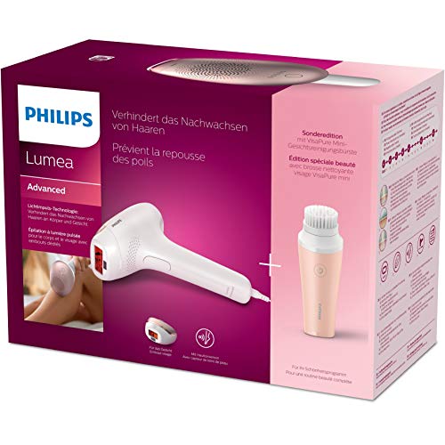 Philips Lumea Advanced BRI922/00 - Depiladora Luz Pulsada, para la Depilación Permanente del Vello, Visible en Casa con sensor de tono de piel, 2 Cabezales para Cuerpo y Cara, y mini Limpiador Facial