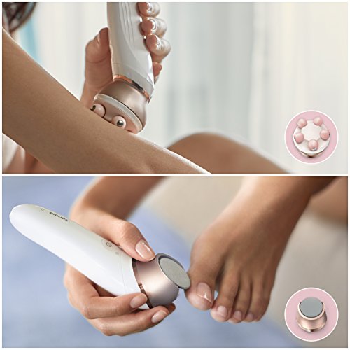 Philips Satinelle Prestige BRP586/00 - Depiladora para mujer, inalámbrica, 8 accesorios, cepillo facial, color rosa y blanco