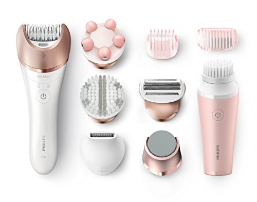Philips Satinelle Prestige BRP586/00 - Depiladora para mujer, inalámbrica, 8 accesorios, cepillo facial, color rosa y blanco