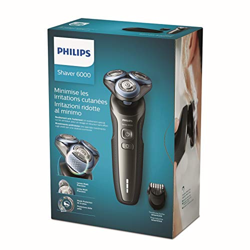 Philips Serie 6000 S6640/44 - Afeitadora Eléctrica para hombre con sistema de protección para la piel, uso en seco/húmedo, 60 min de batería, incluye perfilador de barba y funda de viaje