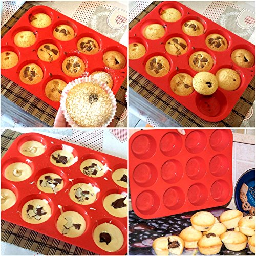 Philonext Pan - Bandeja roja de silicona con 12 huecos para magdalenas, no se pega, uso seguro en lavavajillas y microondas, 32,7 x 24,5 x 2,8 cm Philonext Pan - Bandeja roja de silicona con 12 huecos para magdalenas, no se pega, uso seguro en lavavajillas y microondas, 32,7 x 24,5 x 2,8 cm