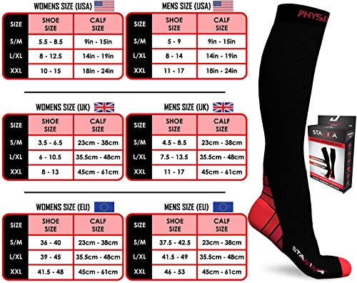 Physix Gear Sport Calcetines de compresión, los Mejores Calcetines compresión Mujer y Hombre para el Dolor de pies y Gemelos, Medias de compresión Hombre y Mujer, 1 par, L/XL, Negro/Rojo
