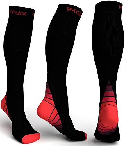 Physix Gear Sport Calcetines de compresión, los Mejores Calcetines compresión Mujer y Hombre para el Dolor de pies y Gemelos, Medias de compresión Hombre y Mujer, 1 par, L/XL, Negro/Rojo