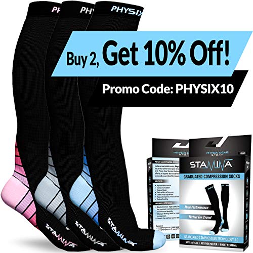 Physix Gear Sport Calcetines de compresión, los Mejores Calcetines compresión Mujer y Hombre para el Dolor de pies y Gemelos, Medias de compresión Hombre y Mujer, 1 par, L/XL, Negro/Rosa