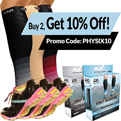 Physix Gear Sport Medias compresión Hombre y Mujer, Las Mejores pantorrilleras Running para Mejorar la circulación, Perneras Ciclismo para recuperar los músculos, 1 par, L/XL, Negro/Gris