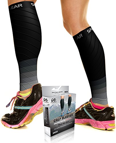 Physix Gear Sport Medias compresión Hombre y Mujer, Las Mejores pantorrilleras Running para Mejorar la circulación, Perneras Ciclismo para recuperar los músculos, 1 par, L/XL, Negro/Gris