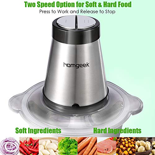 Picadora de Acero Inoxidable, Homgeek Trituradora de Alimentos de 300 vatios, Modo de 2 Velocidades, 1.8L de Gran Capacidad, Hoja Ajustable 4D, Sin BPA, Negro