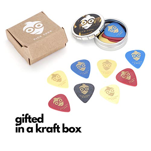 Pick Geek Púas Delrin (Tortex) para Guitarra | 16 Picks Geniales para su Eléctrica, Acústica y el Bajo | 4 Espesores | en un Lujoso Estuche de Metal