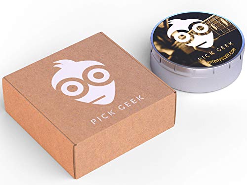 Pick Geek Púas Delrin (Tortex) para Guitarra | 16 Picks Geniales para su Eléctrica, Acústica y el Bajo | 4 Espesores | en un Lujoso Estuche de Metal
