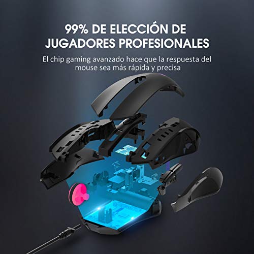 PICTEK - Ratón Gaming Programable con Retroiluminado Personalizable Compatible con Windows7/8/10/Xp/Vista, Negro
