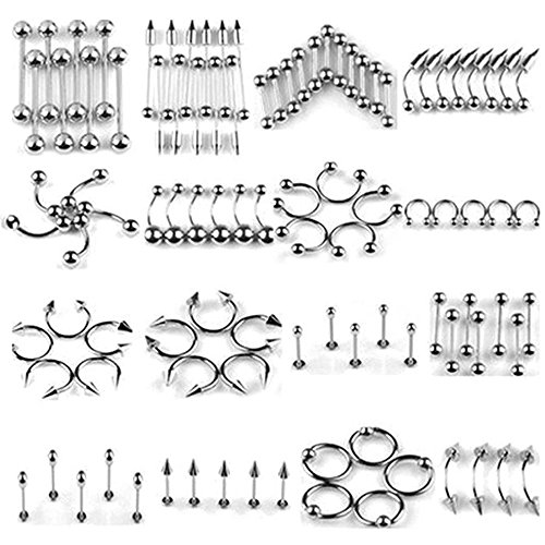 Piercings(85 Pcs),16 Tipos de Estilos Acero Inoxidable 316L, Acero médico de Titanio para el Cuerpo, Lengua, Nariz, oído, pezones, Labios, Cejas, cartílago, Multiusos Bolas y Aros, Unisex.