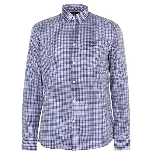 Pierre Cardin Hombre Camisa a Rayas o a Cuadros Manga Larga con Bordado de Firma (XL, Navy/Sky)