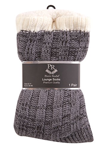 Pierre Roche Hombre Punto Grueso Completamente Forro Polar Pantuflas/Calcetines con pinza de Suelas - Gris, One Size