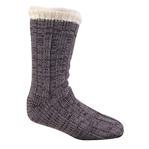Pierre Roche Hombre Punto Grueso Completamente Forro Polar Pantuflas/Calcetines con pinza de Suelas - Gris, One Size