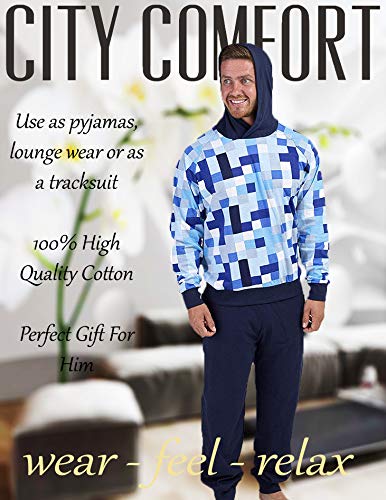 Pijama Hombre Invierno Sudadera Gimnasio 100% Algodón Mangas Largas Set Suave Cómodo Ropa de Dormir (Azul Pixel, L)